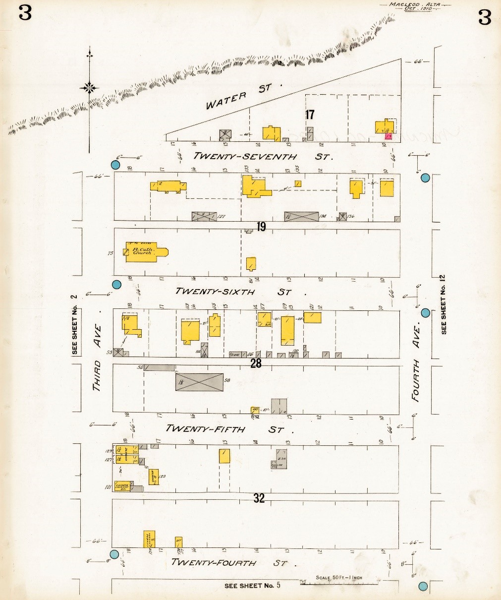1910 Fire Insurance Map of Town of Fort MacLeod, The Quon Sang Lung Laundry Shop is located on 24th St. and 3rd Ave.