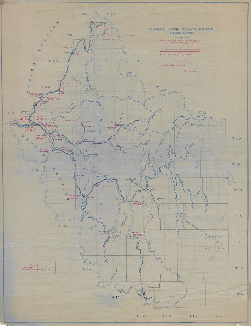 Map of the Eastern Section Irrigation system developed by the Canadian Pacific Railway Company with major water management facilities and canals.