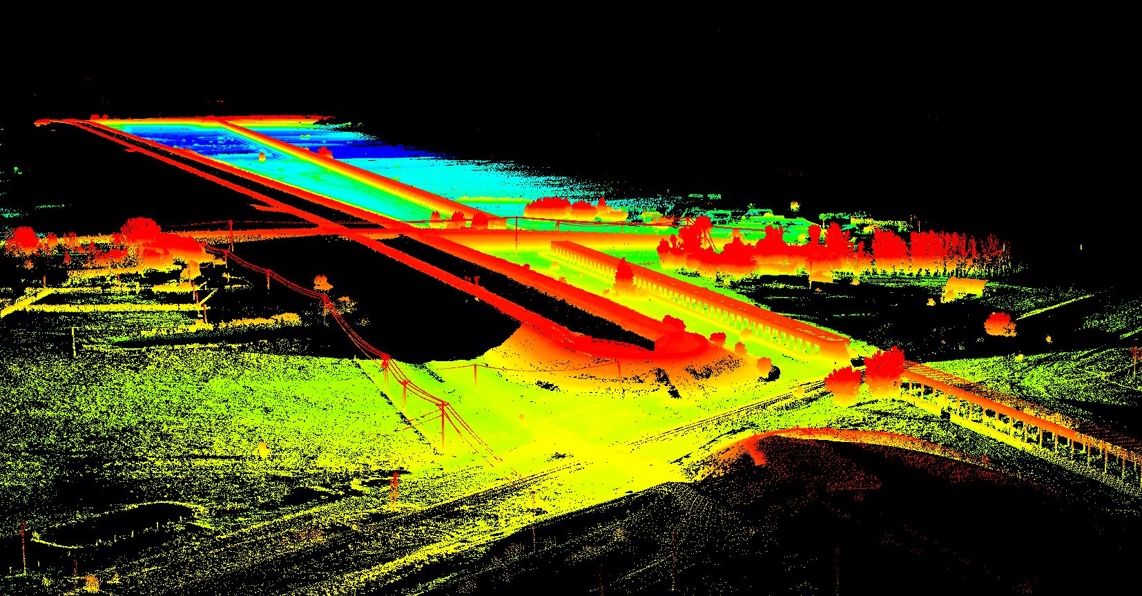 Point cloud data coloured with elevation data from the mobile laser scanning of the Brooks Aqueduct.