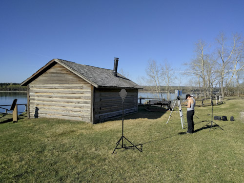 Z+F 5010X Scanner and targets at the Miner's Cabin, Heritage Park, Calgary, with Christina Robinson Operating the scanner, on April 14th 2016. Source: Capture2Preserve Team
