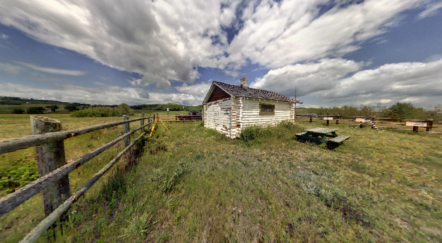 Panoramic view of Walking Buffalo's log cabin from Z+F 5010X laser scanner, scanning location 5