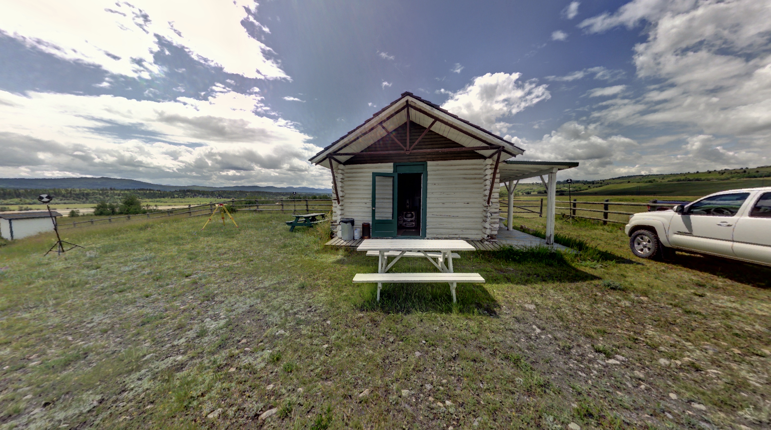 Panoramic view of Walking Buffalo's log cabin from Z+F 5010X laser scanner, scanning location 8