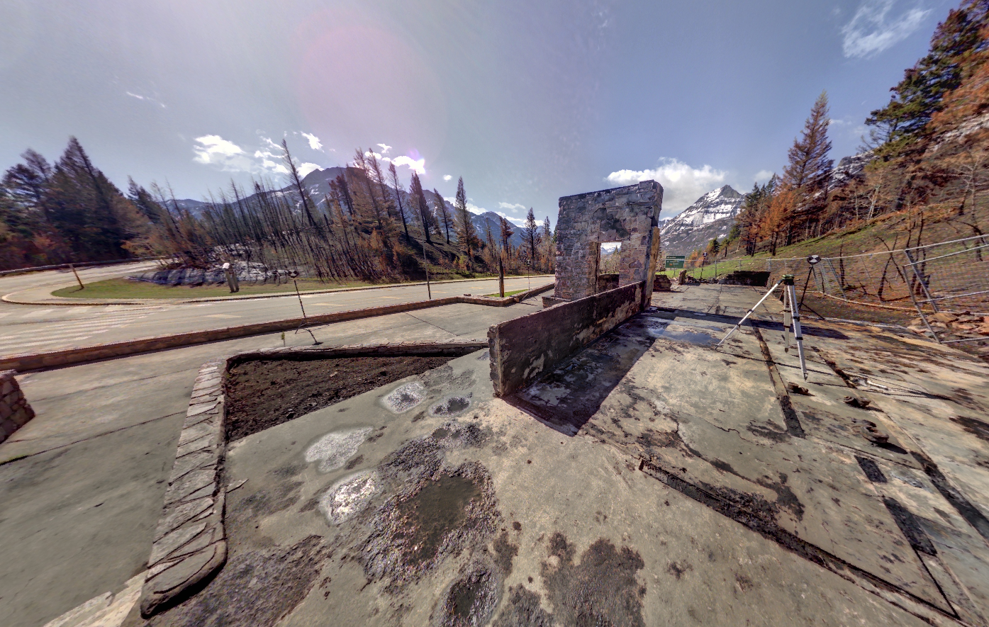 Panoramic view of the Information Bureau at Waterton Park from Z+F 5010X laser scanner, scanning location 1