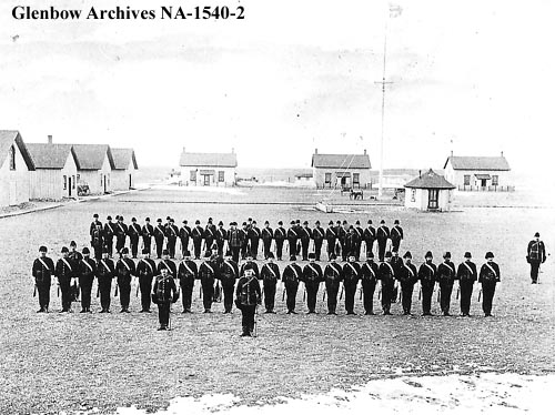 Foot parade, D and H divisions, North-West Mounted Police, Fort MacLeod, Alberta, 1894.