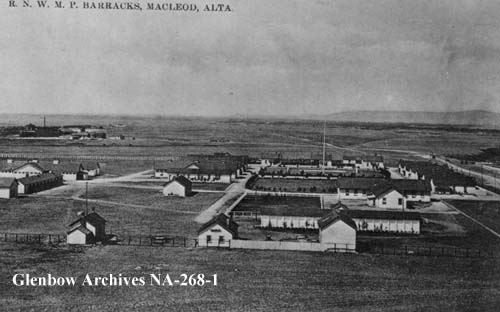 Royal North-West Mounted Police barracks at Fort McLeod, Alberta. June 1910.