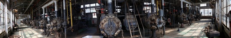 The bank of GMV Cooper-Bessemer engines in the main compressor plant.