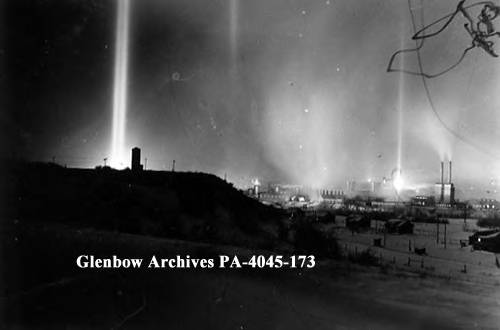 Royalite gas plant at night, Turner Valley, Alberta, ca 1930.