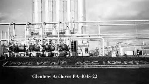 Scrubbers at Turner Valley gas plant, Turner Valley, Alberta, ca 1945.