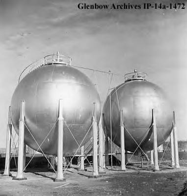 Spherical tanks are used to store highly volatile petroleum products extracted from natural gas which must be dept under pressure to prevent evaporation. For the same container strength, a sphere permits greater inside pressure than any other shape. The Madison Natural Gas Company was a subsidiary of the Royalite Oil Company. It was formed in 1945 and inherited the consolidated version of the Royalite Oil Company gas plant No. 1 and gas plant No. 2.