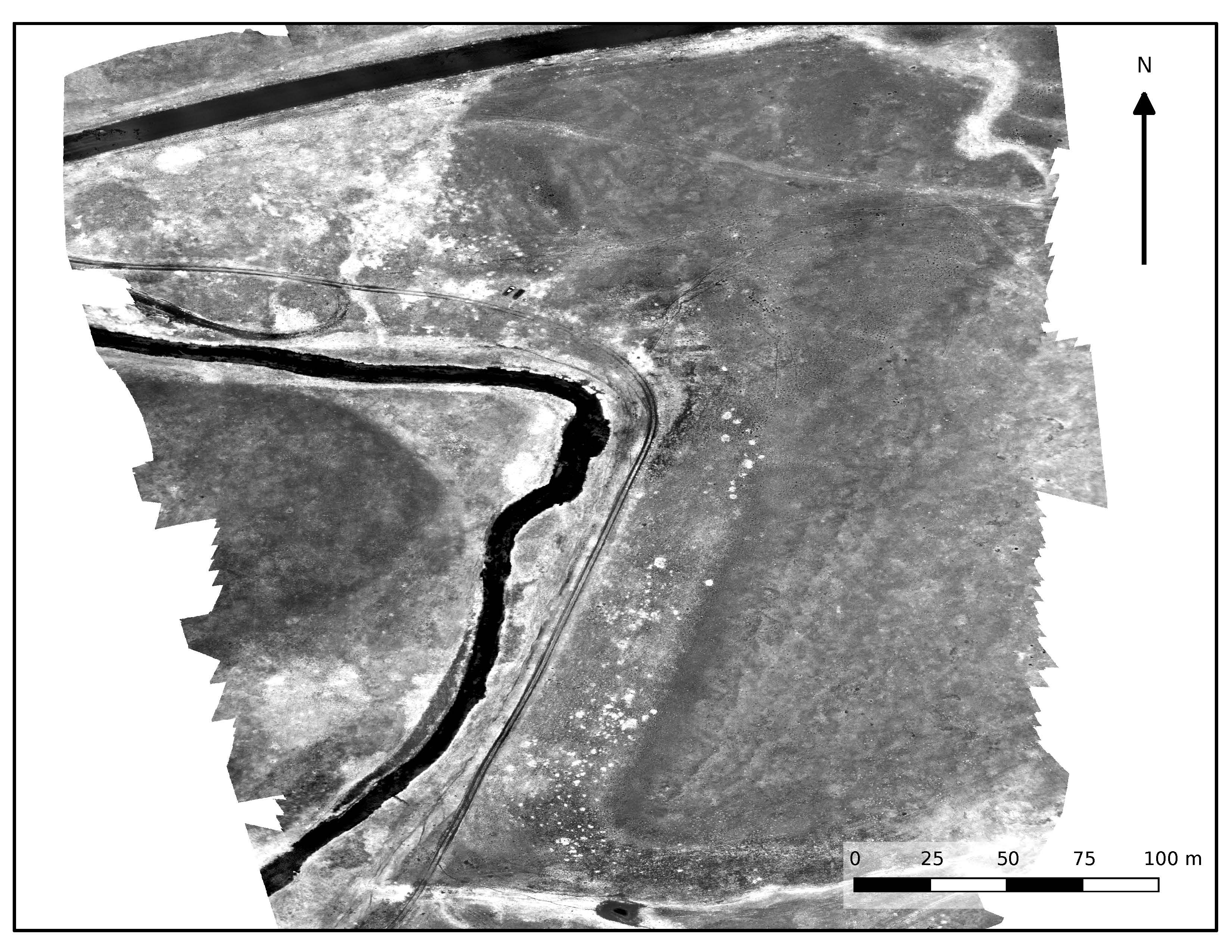 Full NDVI image created from the multispectral survey of archaeological sites EaPd-07 and EaPd-8.