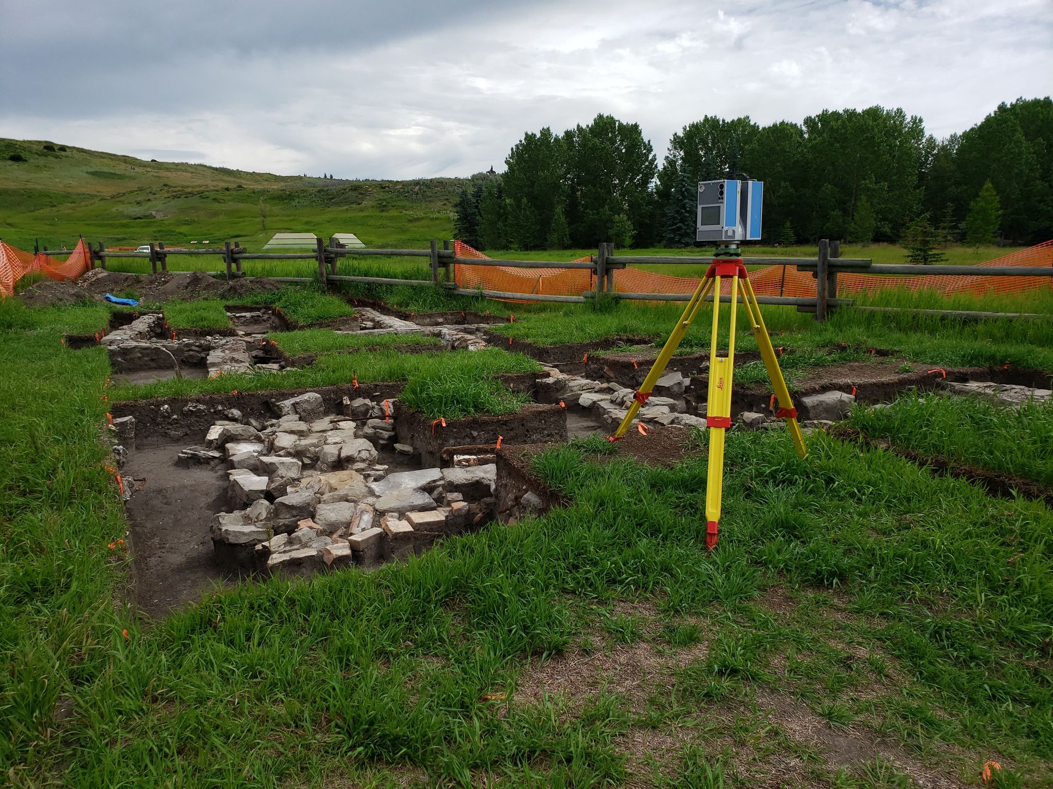 Scanning the remains of a building at the Cochrane Ranche with the Z+F 5010X, July 2020.