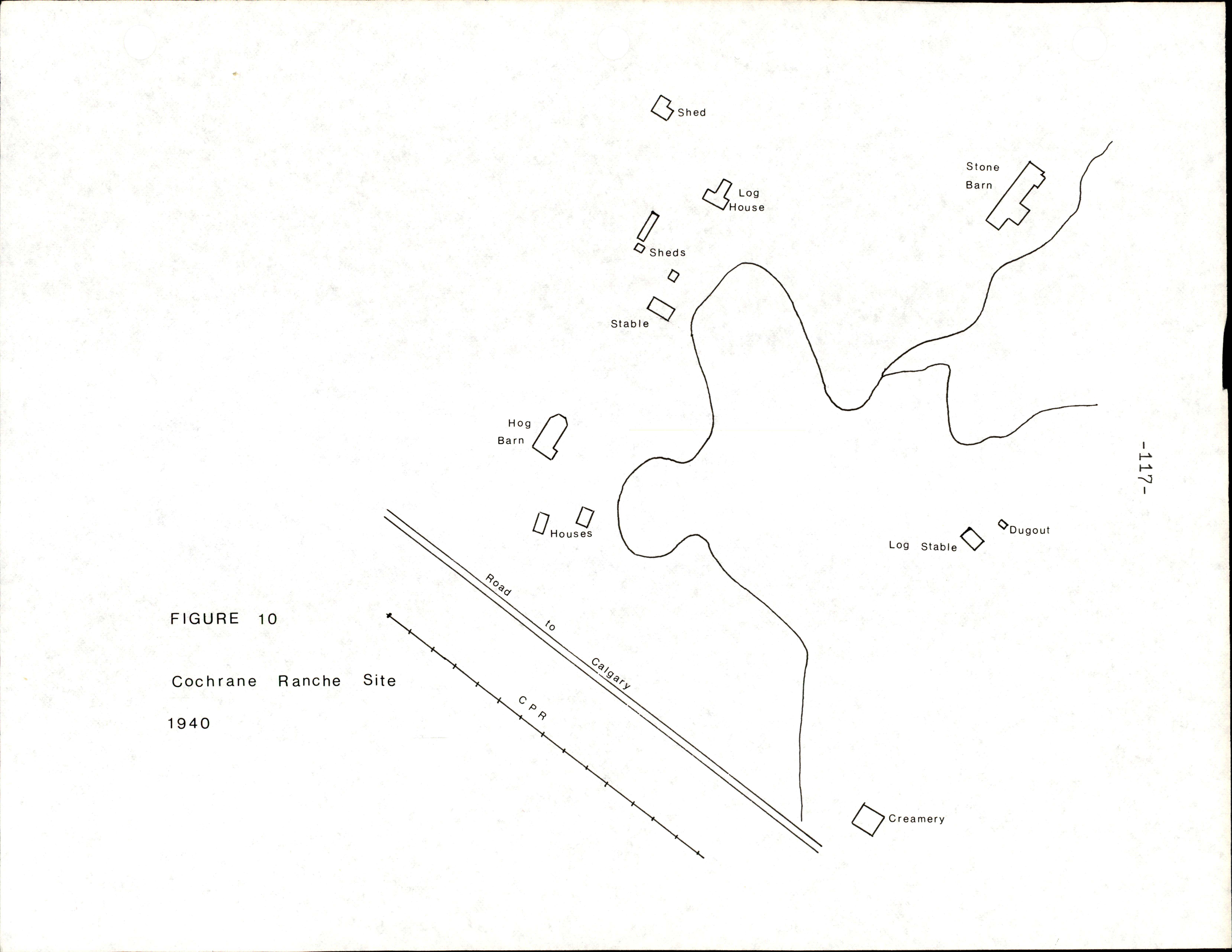 Map of the Cochrane Ranche site, 1940, created by Ken Mather 1978.