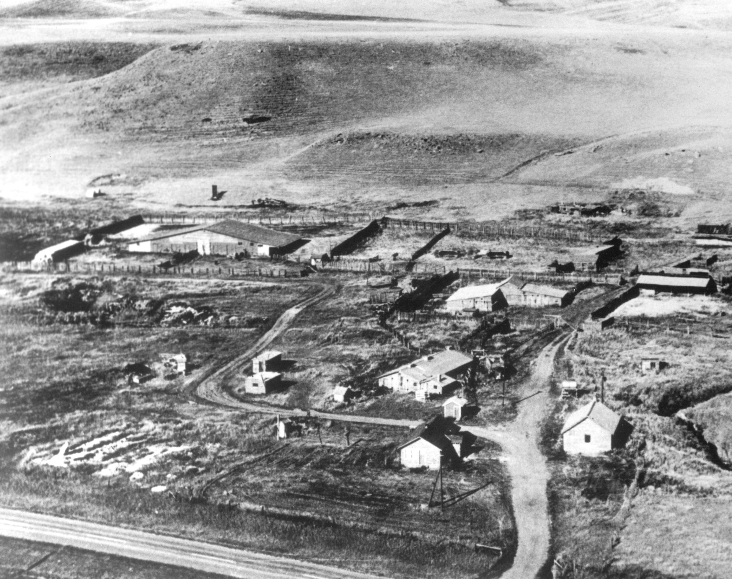 Aerial view of the Cochrane Ranche Site, ca. 1950.