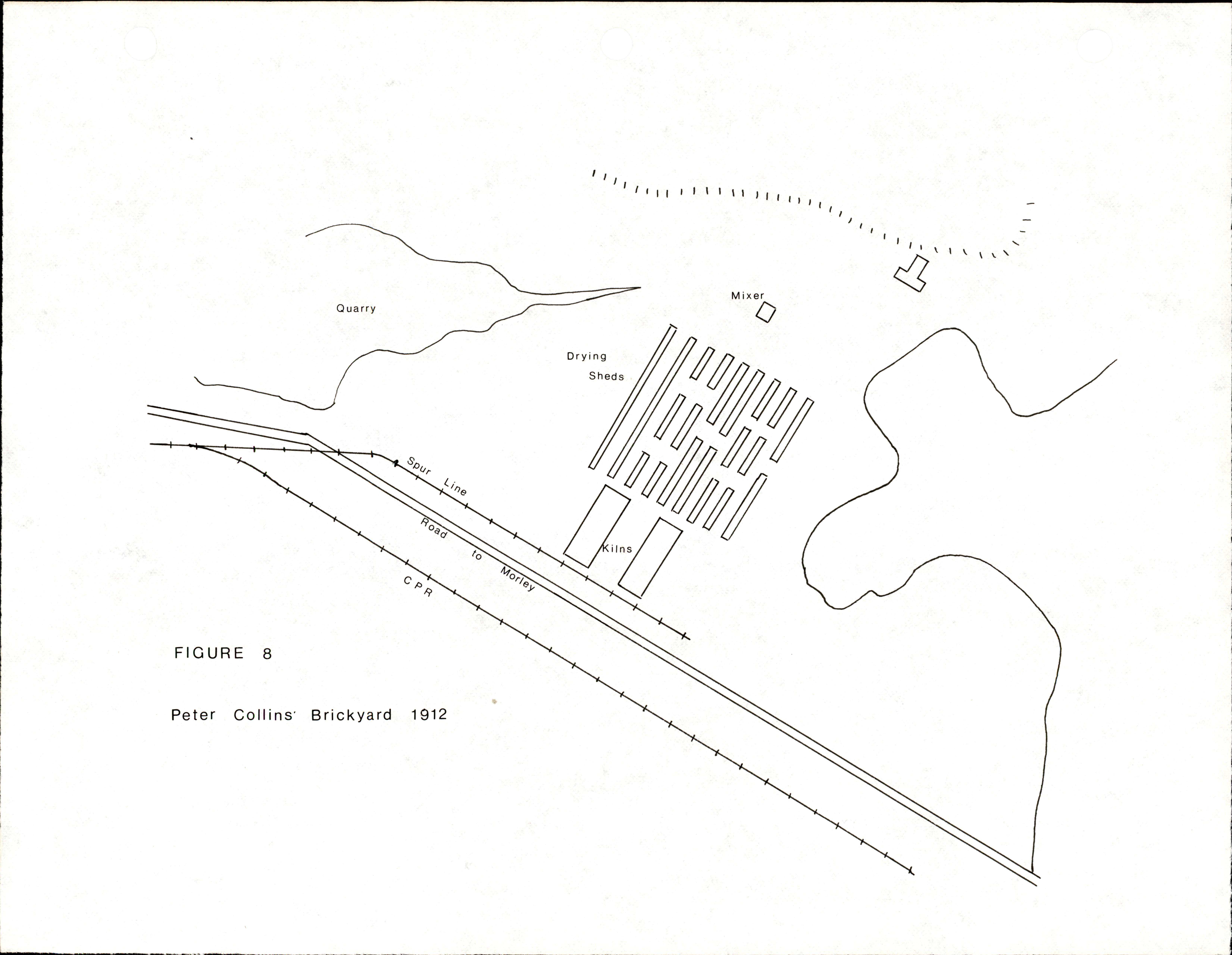 Map of the Peter Collins Brickyard  in 1912, created by by Ken Mather, 1978.