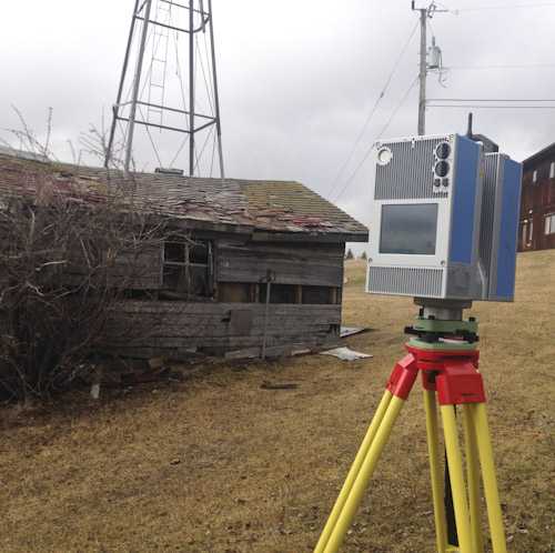 Z+F 5010X laser scanner in front of the Springbank Hill Wind-Pump