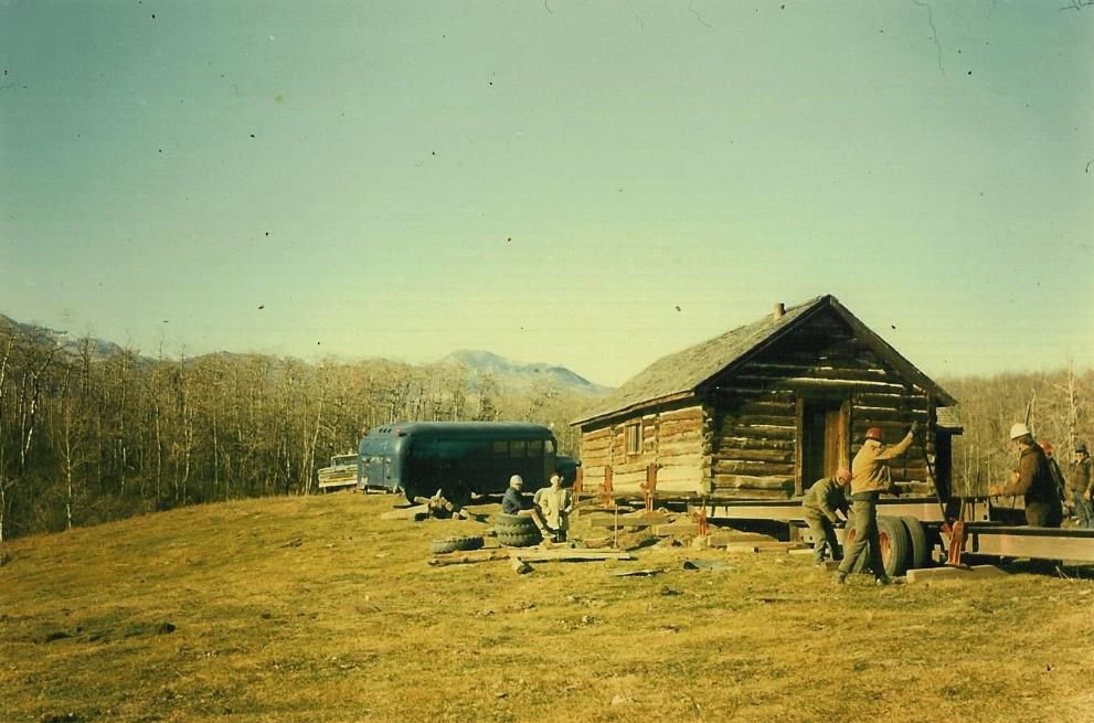 The removal of the 'Kootenai' Brown cabin from its original location in 1970 to the Kootenai Brown Pioneer Village. Source: Parks Canada Archives.