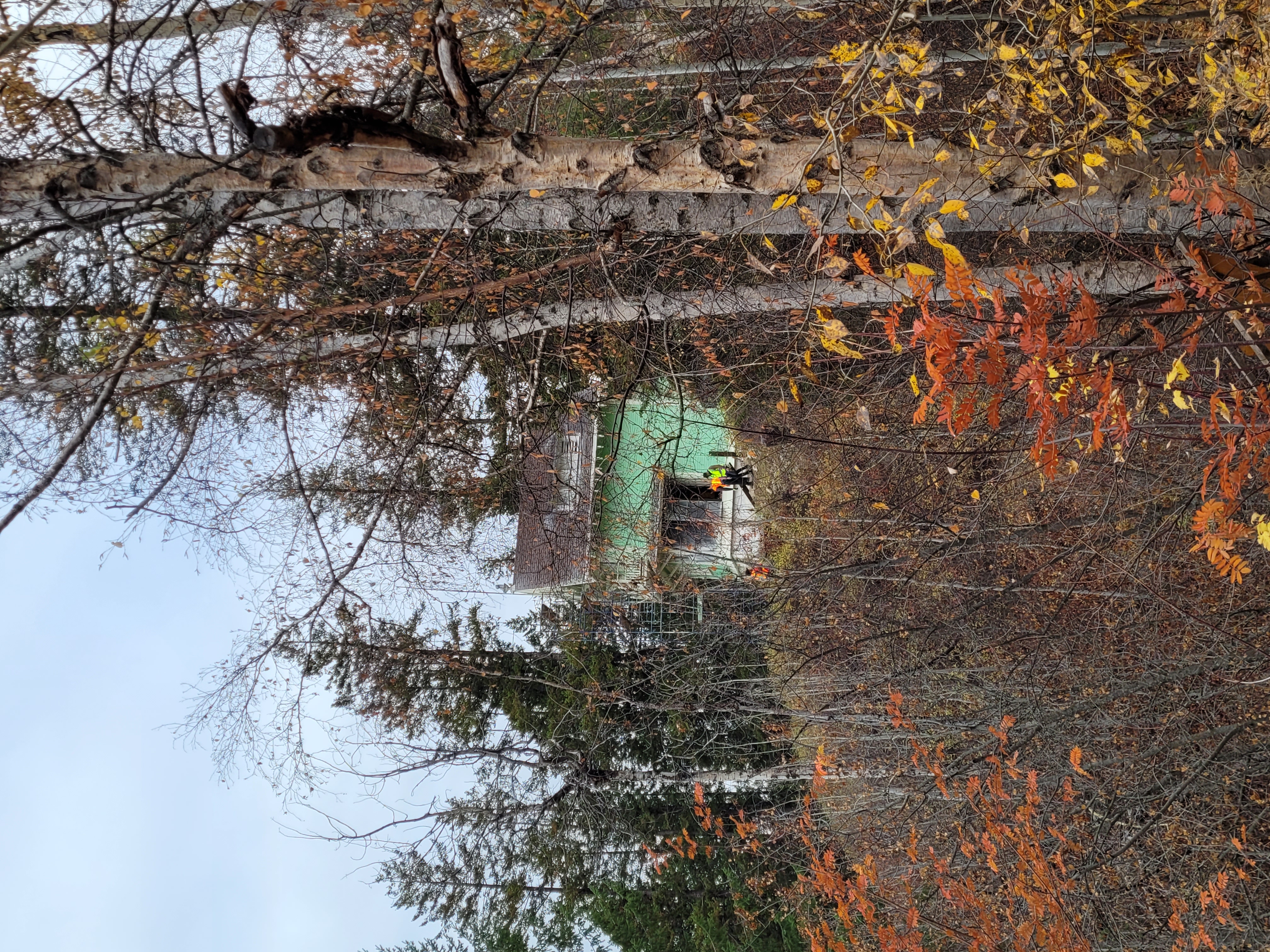 Ernst Feuz's chalet from the road to the upper chalets during documentation and renovations, October 2023.  From Capture2Preserv project.