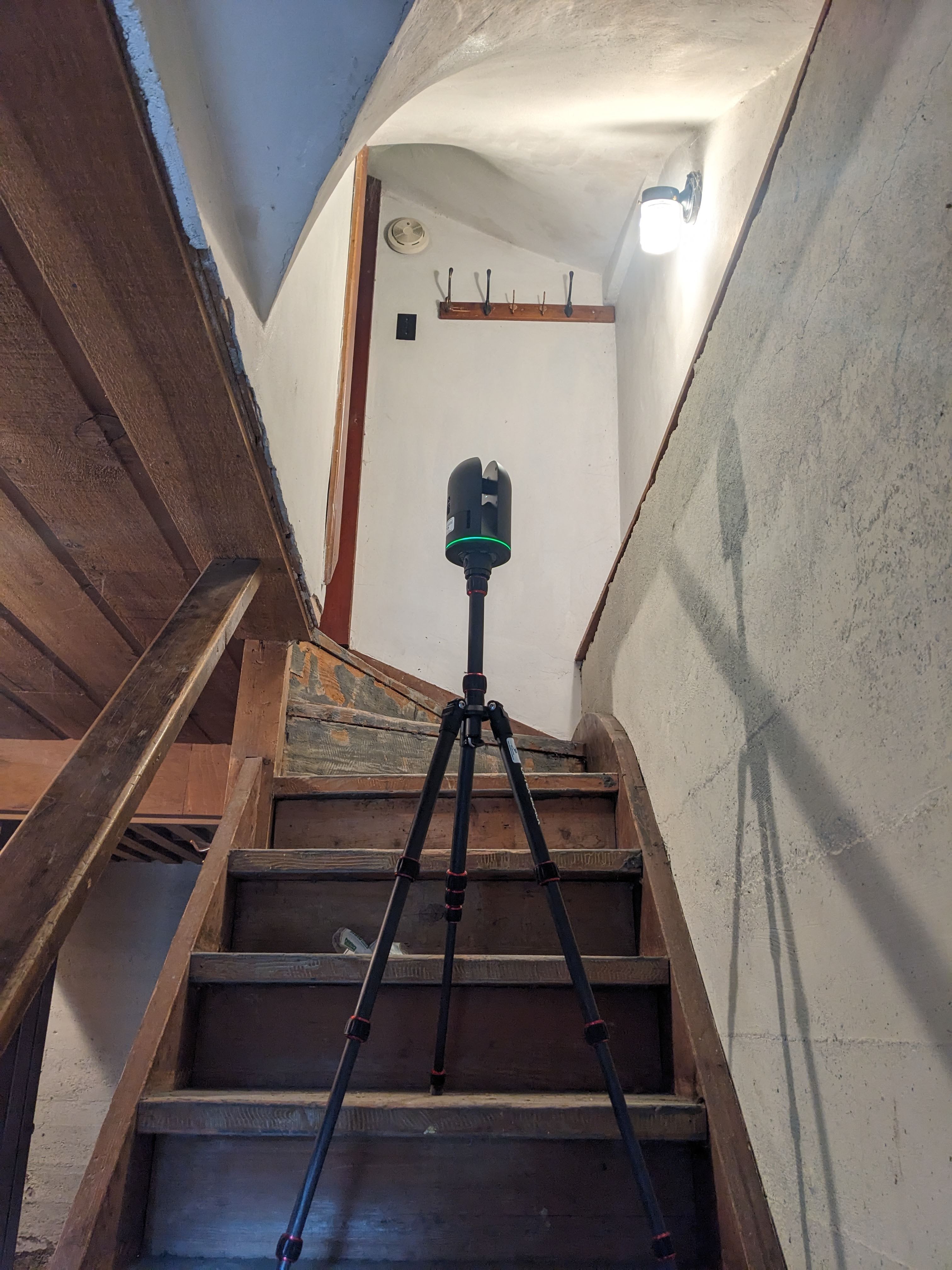 Stairs from the basement of the Ernst Feuz's chalet during documentation and renovations, October 2023.  From Capture2Preserv project.