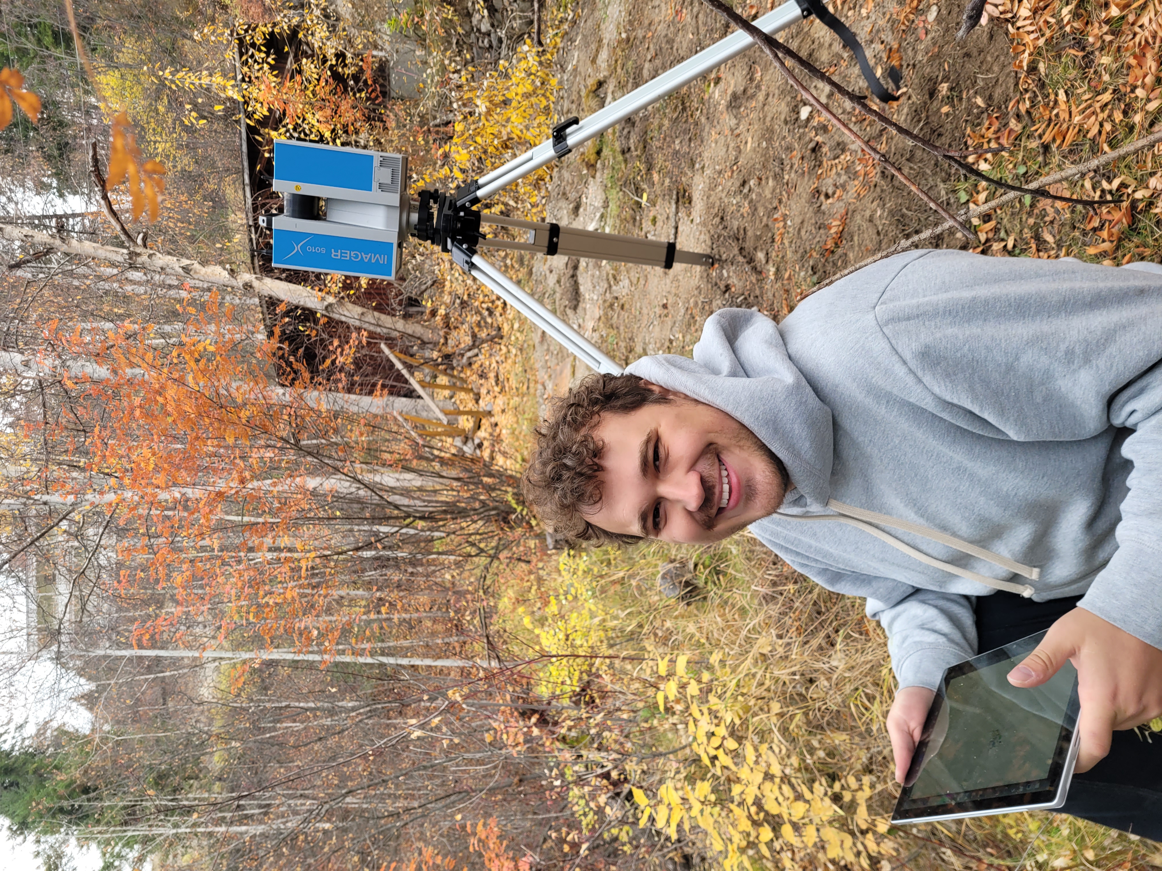 Guest researcher Francois digitally documenting the Haesler chalet with the Z+F 5010X scanner. During documentation in October 2023. From Capture2Preserv project.