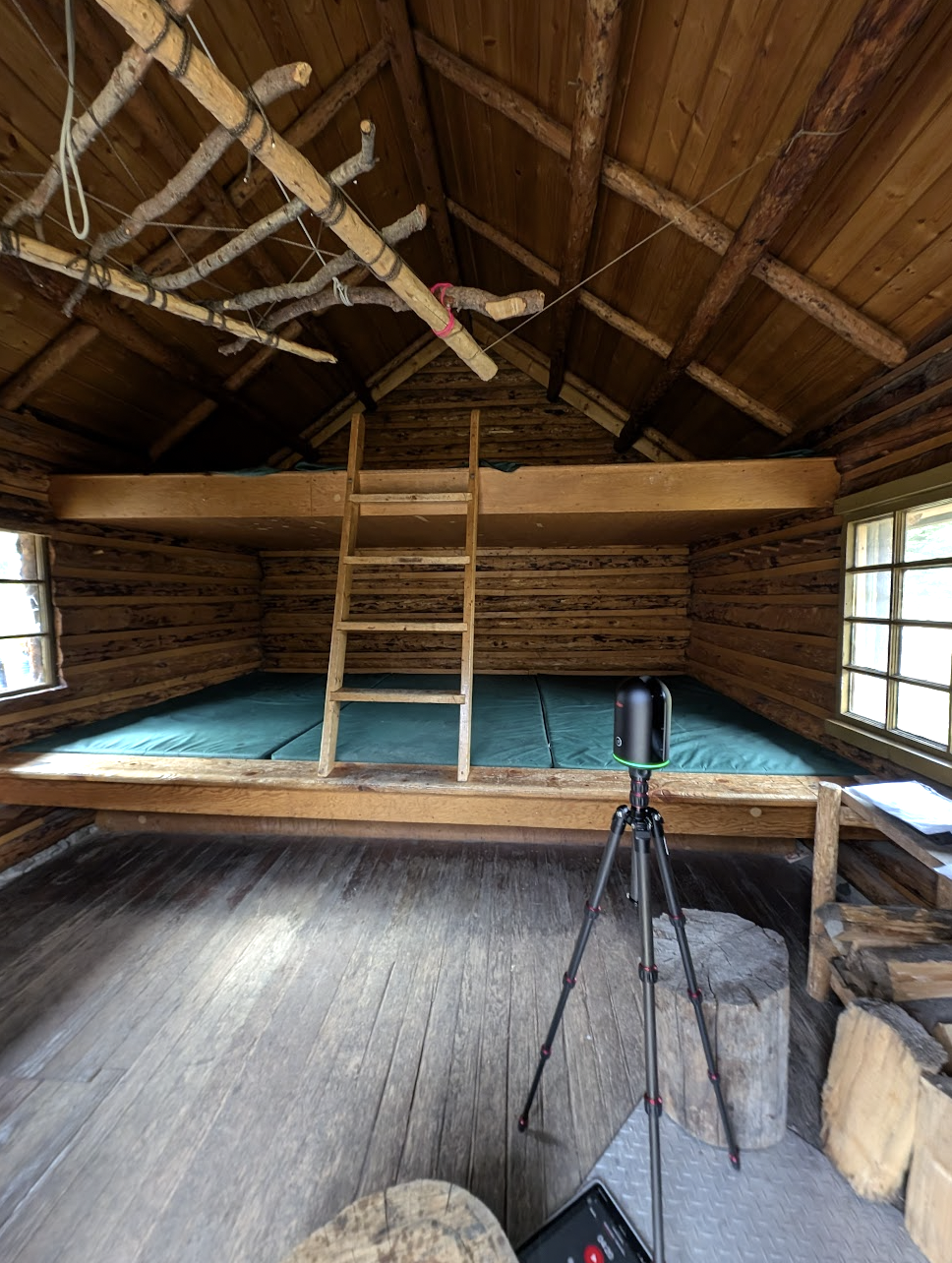 The interior of Wiwaxy Lodge during digital documentation with BLK 360 scanner. Photo from Capture2Preserv project.